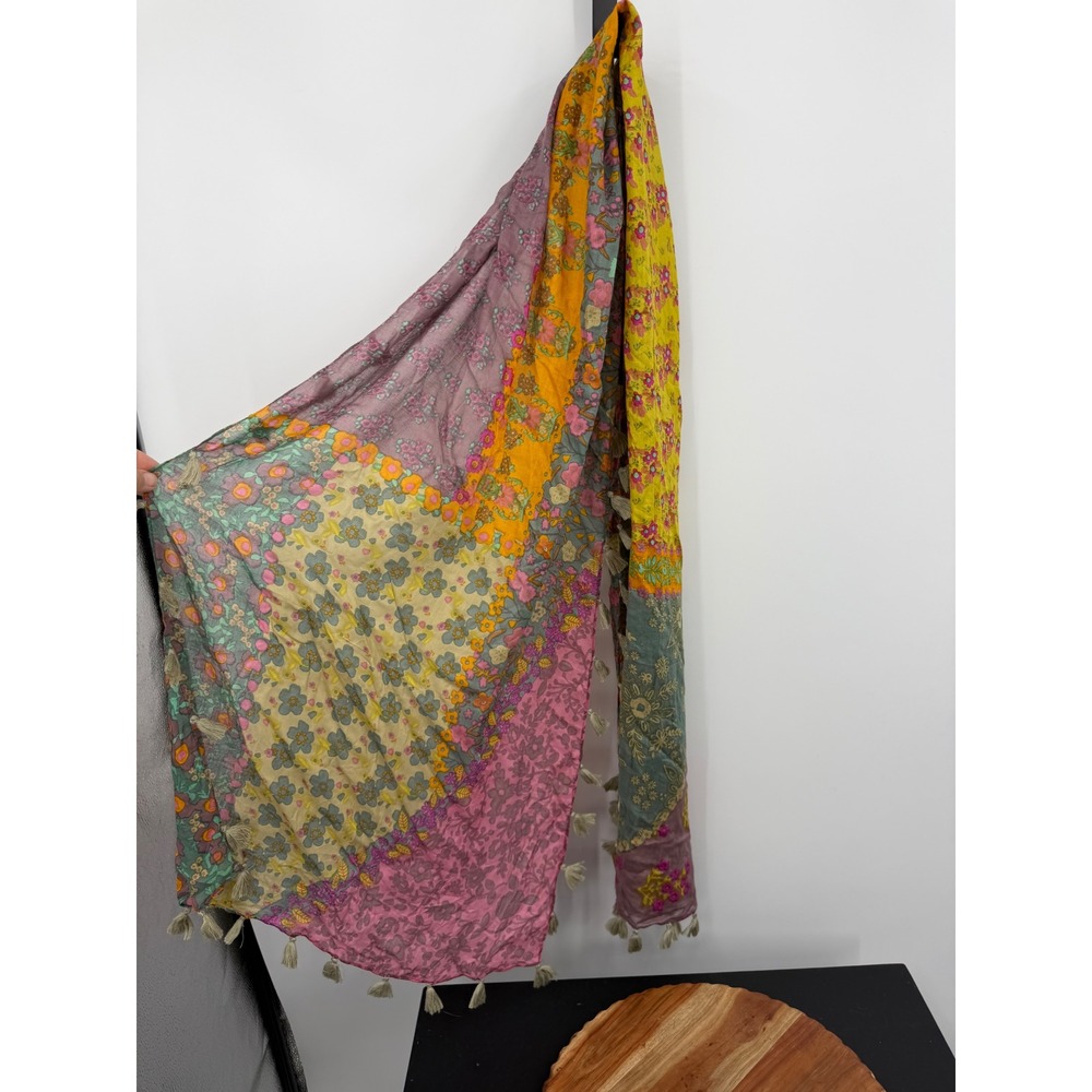 Natural Life Patchwork Scarf Women OS Multicolor Floral Tassel Boho SCV171 NEW